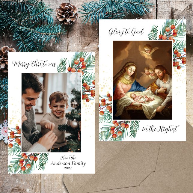 Cartes Pour Fêtes Annuelles Famille chrétienne religieuse Photo Joyeux Noël (Baroque Nativity Scene Religious Christian Catholic Christmas Green Holly Photo Holiday Card)