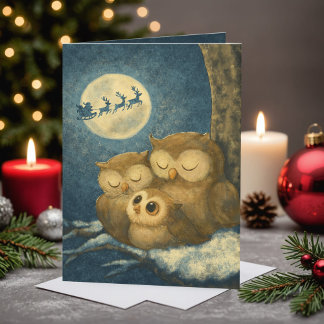 Cartes Pour Fêtes Annuelles Famille de hiboux fantaisistes Noël Nuit d'hiver c