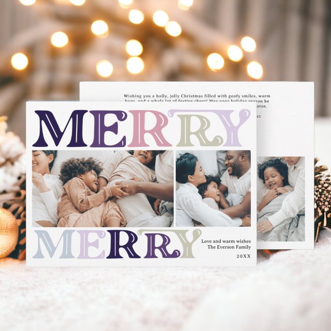 Cartes Pour Fêtes Annuelles Famille de Noël brillante 4 photos (Modern bright bold Christmas family 4 photos Holiday Card purple)