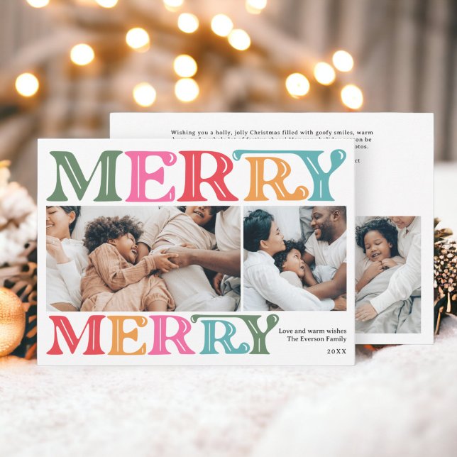 Cartes Pour Fêtes Annuelles Famille de Noël brillante 4 photos (Modern bright bold Christmas family 4 photos Holiday Card)