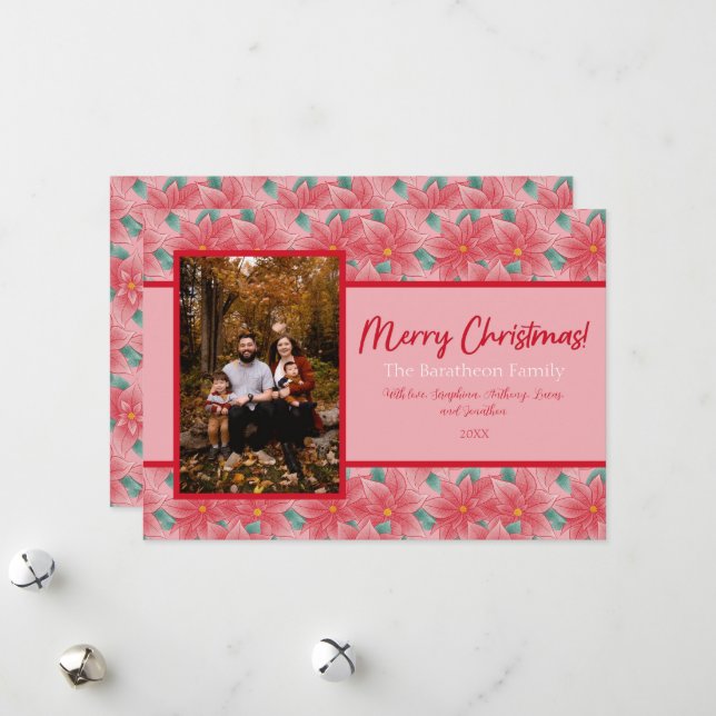 Cartes Pour Fêtes Annuelles Famille De Photo Personnalisée Rose Et Rouge (Devant/Arrière en situation)