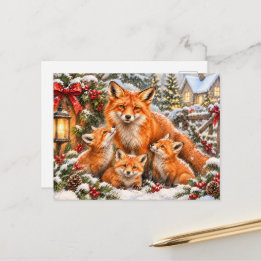Cartes Pour Fêtes Annuelles Famille de renards de Noël – Bois aquarelle