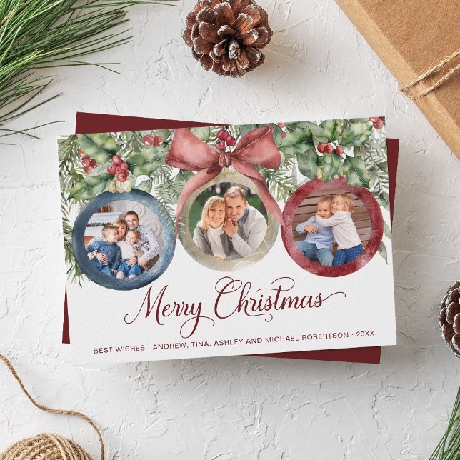 Cartes Pour Fêtes Annuelles Famille de scripts élégants 3 Photo Aquarelle Noël (Créateur téléchargé)