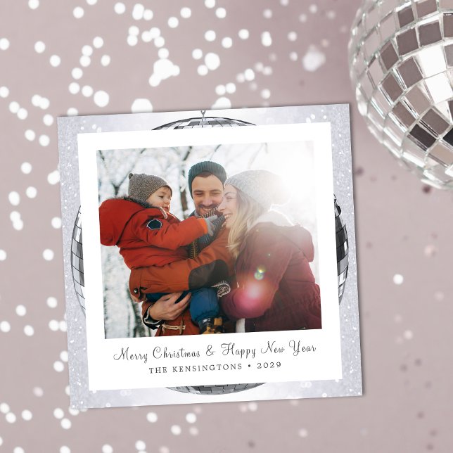 Cartes Pour Fêtes Annuelles Famille d'hiver Festive Parties scintillant argent (Shimmering Disco Ball Snowflake Family Christmas Holiday Card)