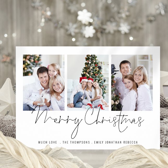Cartes Pour Fêtes Annuelles Famille moderne 3 Photos Script Merry Christmas Ca (Available digitally and printed)
