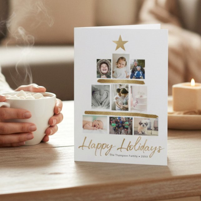 Cartes Pour Fêtes Annuelles Family Christmas tree photo Collage Year Review (Modern Faux gold star and stroke tree family photo update folded christmas Happy holidays card)