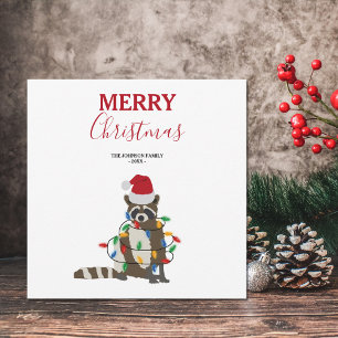 Cartes Pour Fêtes Annuelles Fantaisie Noël Raccoon Santa Hat Noël Lumières