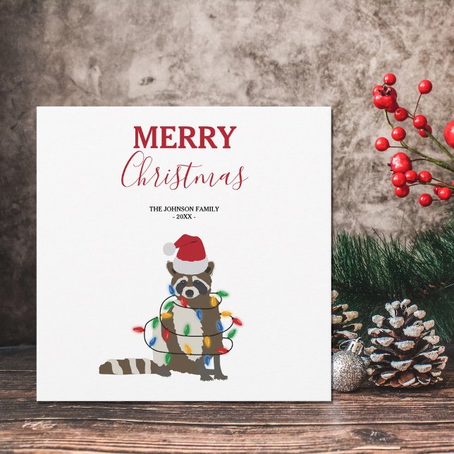 Cartes Pour Fêtes Annuelles Fantaisie Noël Raccoon Santa Hat Noël Lumières (Créateur téléchargé)
