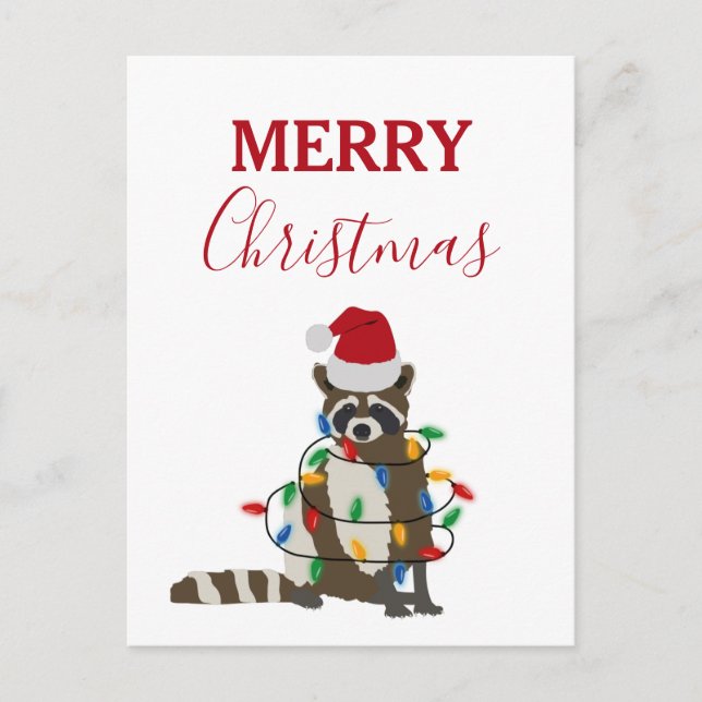 Cartes Pour Fêtes Annuelles Fantaisie Noël Raccoon Santa Hat Noël Lumières (Devant)