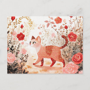Cartes Pour Fêtes Annuelles Fantaisiste & chat dans un jardin de roses