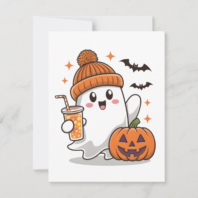 Cartes Pour Fêtes Annuelles Fantôme, Chauves-souris, Citrouille et Boisson, Ha (Devant)