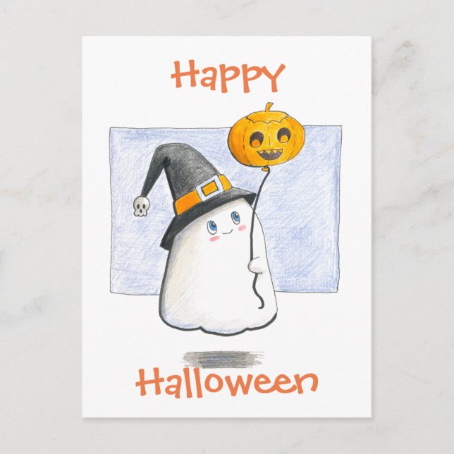 Cartes Pour Fêtes Annuelles Fantôme de bébé avec un ballon Halloween heureux (Devant)