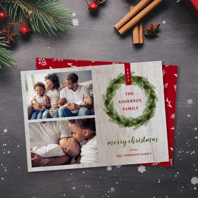 Cartes Pour Fêtes Annuelles Farmhouse Pine Wreath Joyeux Noël 2 Photo (Créateur téléchargé)