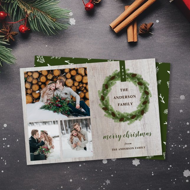 Cartes Pour Fêtes Annuelles Farmhouse Pine Wreath Joyeux Noël 3 Photo (Créateur téléchargé)