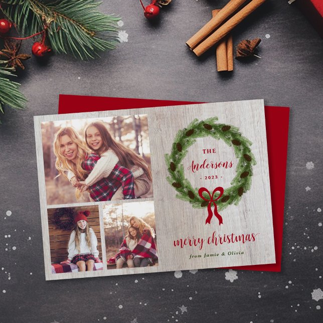 Cartes Pour Fêtes Annuelles Farmhouse Pine Wreath Joyeux Noël 3 Photo (Créateur téléchargé)
