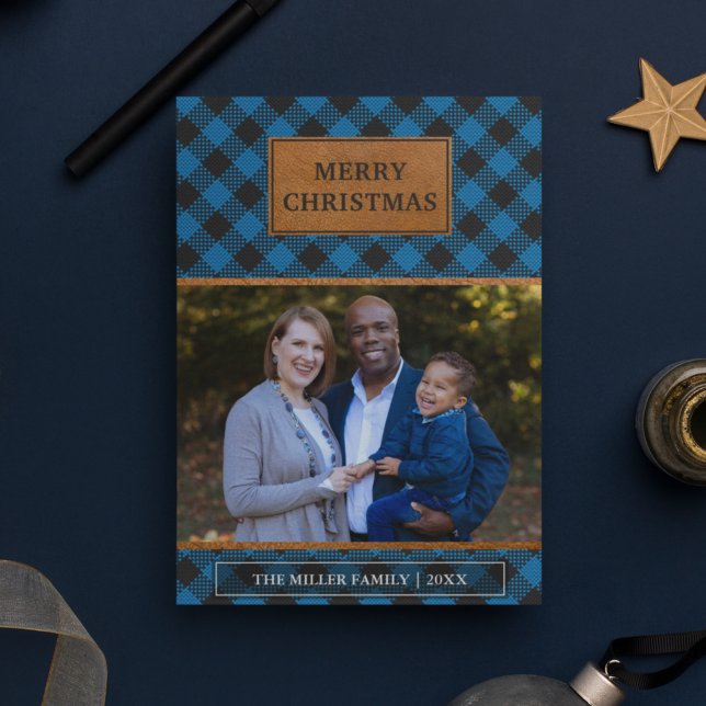 Cartes Pour Fêtes Annuelles Faux Brown Cuir Bleu Buffle Plaid Noël (Créateur téléchargé)