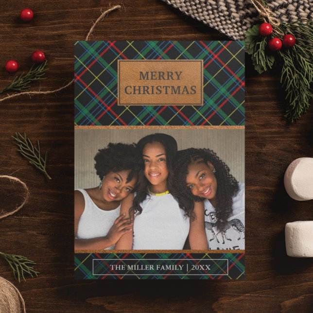 Cartes Pour Fêtes Annuelles Faux Brown cuir rouge et vert Tartan Noël (Créateur téléchargé)