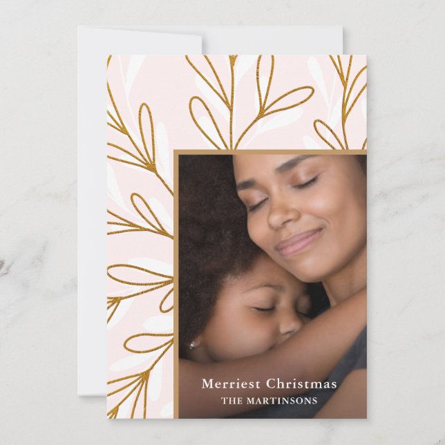 Cartes Pour Fêtes Annuelles Faux feuillus Gold Frame Blush Photo Noël (Devant)