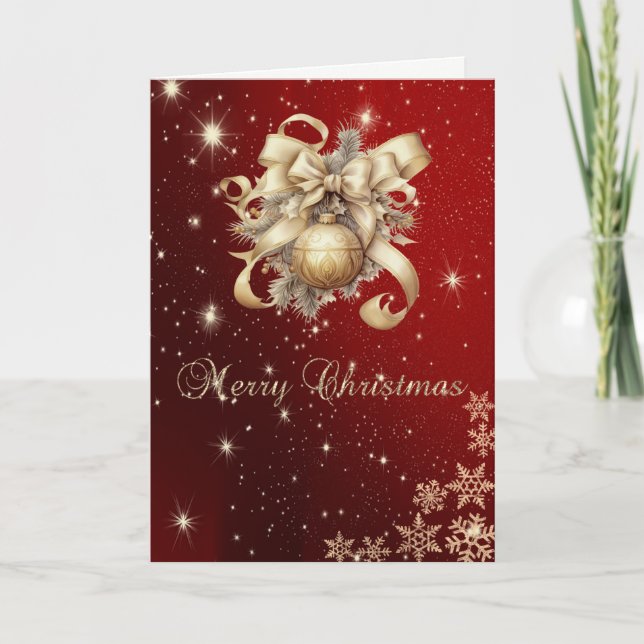 Cartes Pour Fêtes Annuelles Faux Gold Ball Bow, Flèche de neige Rouge (Devant)