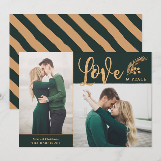 Cartes Pour Fêtes Annuelles Faux Gold Foil Elegant Love Peace Photo | Vert (Devant / Derrière)