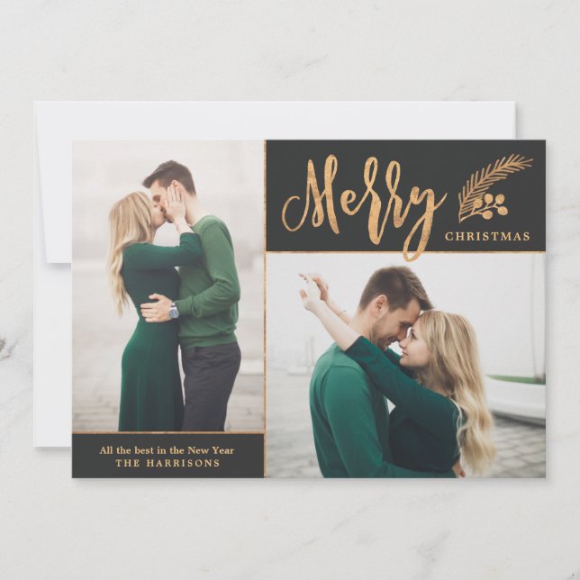 Cartes Pour Fêtes Annuelles Faux Gold Foil Élégante photo de Noël | Black (Devant)
