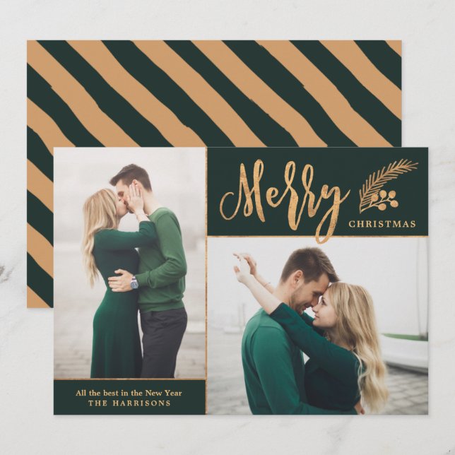 Cartes Pour Fêtes Annuelles Faux Gold Foil Élégante photo de Noël | Vert (Devant / Derrière)