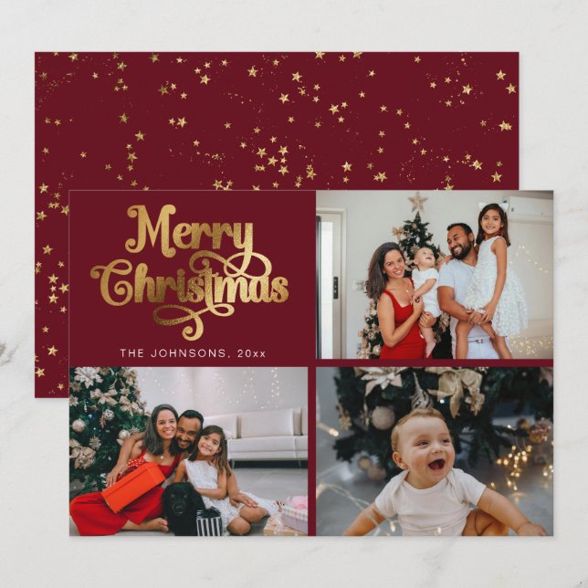 Cartes Pour Fêtes Annuelles Faux Gold Joyeux Noël Famille Photo Collage (Devant / Derrière)