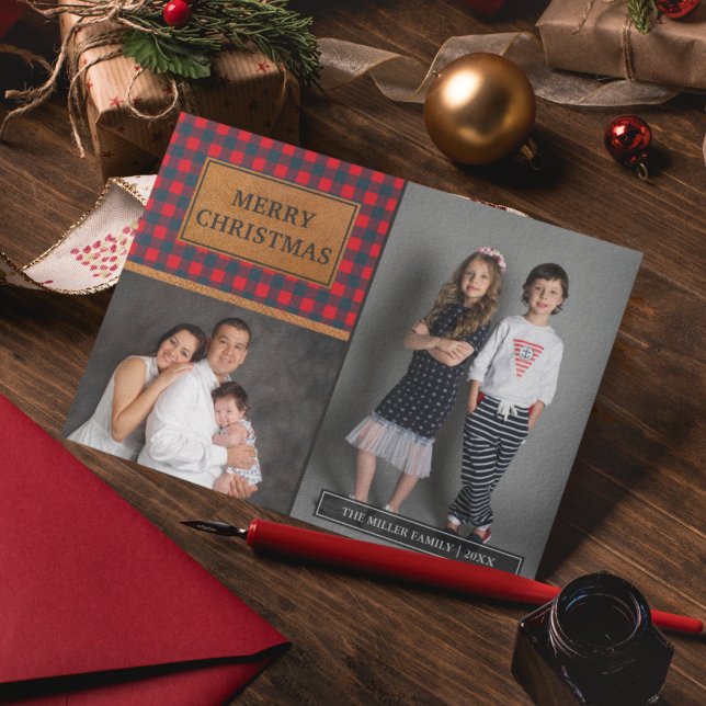 Cartes Pour Fêtes Annuelles Faux Leather Buffalo Plaid Christmas Photo Collage (Créateur téléchargé)