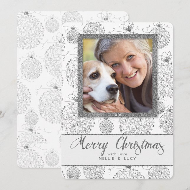 Cartes Pour Fêtes Annuelles Faux Silver Leaf avec Joyeux Noël Photo (Devant / Derrière)