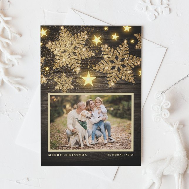 Cartes Pour Fêtes Annuelles Faux Wood Gold Parties scintillant Snowflakes Phot (Créateur téléchargé)