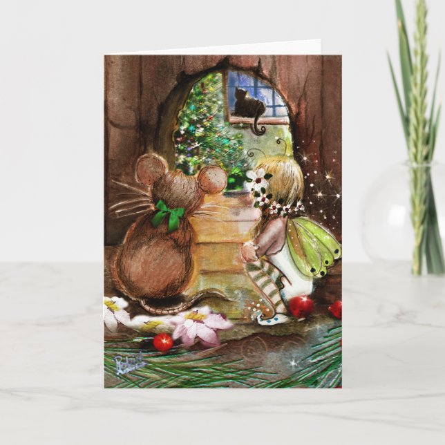 Cartes Pour Fêtes Annuelles Fée, souris et chat, salutation de Noël (Devant)