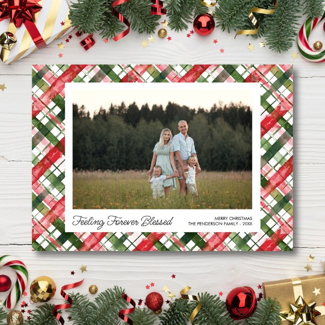 Cartes Pour Fêtes Annuelles Feeling Blessed, Fun Plaid Christmas Photos Custom (Créateur téléchargé)