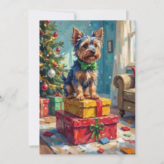 Cartes Pour Fêtes Annuelles Feisty Australian Terrier King of Christmas Gifts  (Devant)
