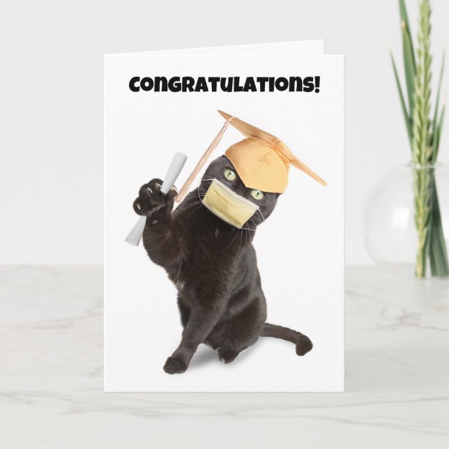 Cartes Pour Fêtes Annuelles Félicitations Chat diplômé en Masque Visage Humour (Devant)