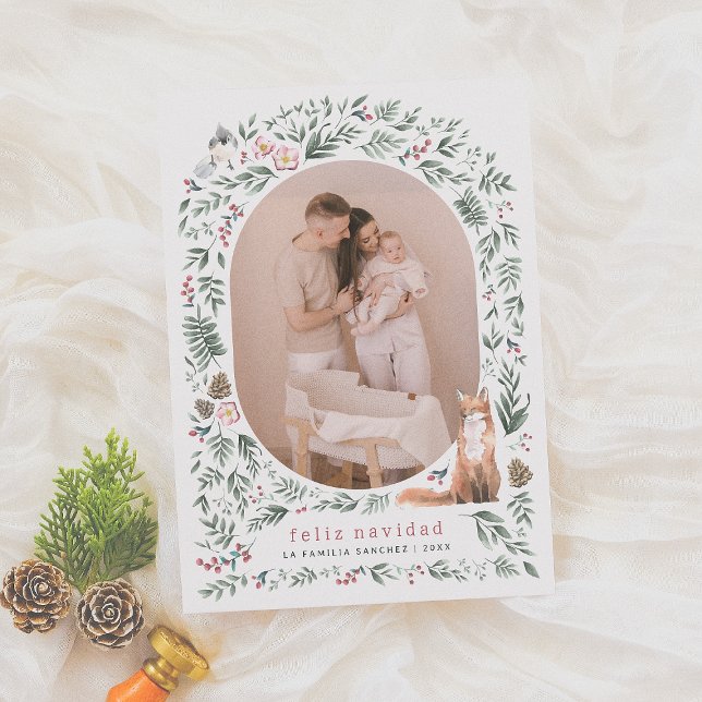 Cartes Pour Fêtes Annuelles Feliz Navidad | Arco de Acuarela Botánica con Foto (Créateur téléchargé)