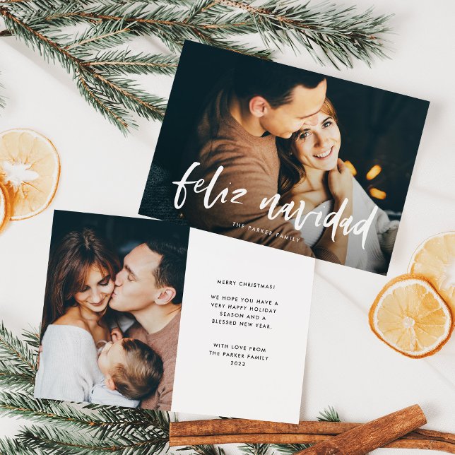 Cartes Pour Fêtes Annuelles Feliz Navidad | Espagnol moderne Deux photos Noël (An elegant, Spanish Christmas magnetic card with two photos)