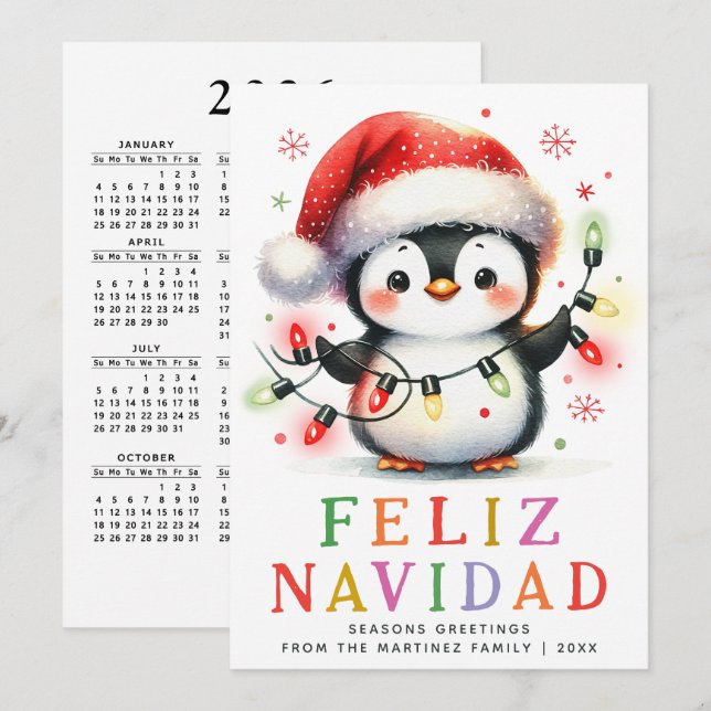 Cartes Pour Fêtes Annuelles Feliz Navidad Penguin, couleur, Noël espagnol (Devant / Derrière)