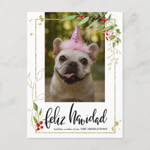 Cartes Pour Fêtes Annuelles Feliz Navidad Script Photo Gold Berry Holly
