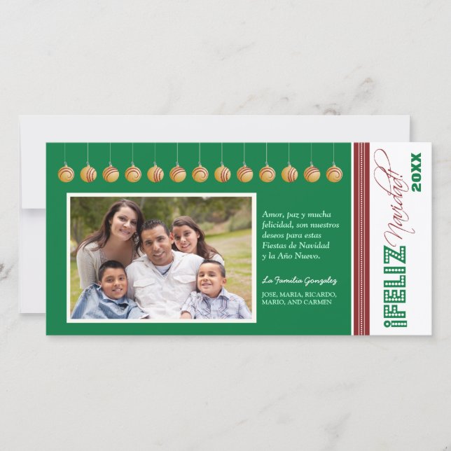 Cartes Pour Fêtes Annuelles Feliz Navidad Spanish Holiday Photocard (vert) (Devant)