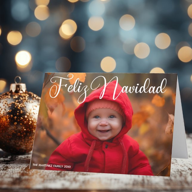 Cartes Pour Fêtes Annuelles Feliz Navidad White Script Photo Plié Noël (Créateur téléchargé)