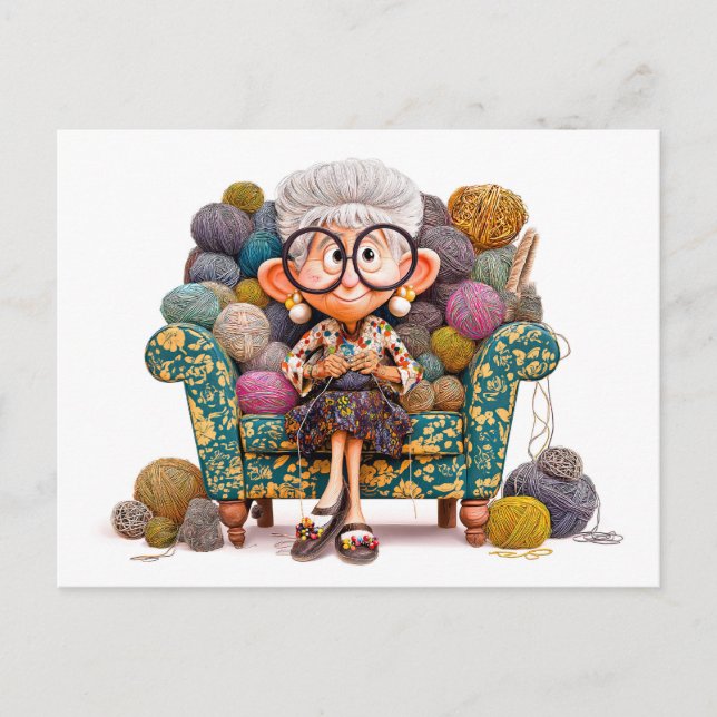 Cartes Pour Fêtes Annuelles Femme âgée tricot heureux entouré de fil (Devant)