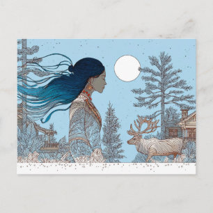 Cartes Pour Fêtes Annuelles Femme avec rennes dans la neige par cabine
