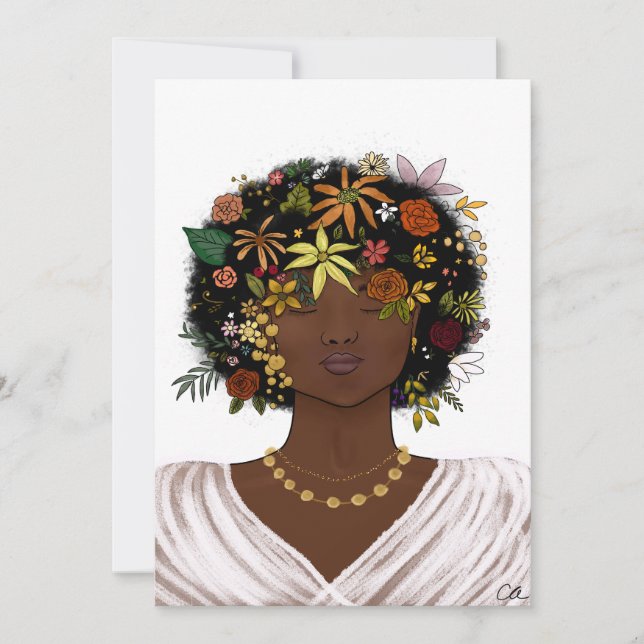Cartes Pour Fêtes Annuelles Femme avec un afro à fleurs (Devant)