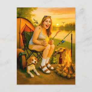 Cartes Pour Fêtes Annuelles Femme de Camper effrayée avec chien et tente