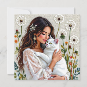 Cartes Pour Fêtes Annuelles Femme et chat blanc et pissenlits