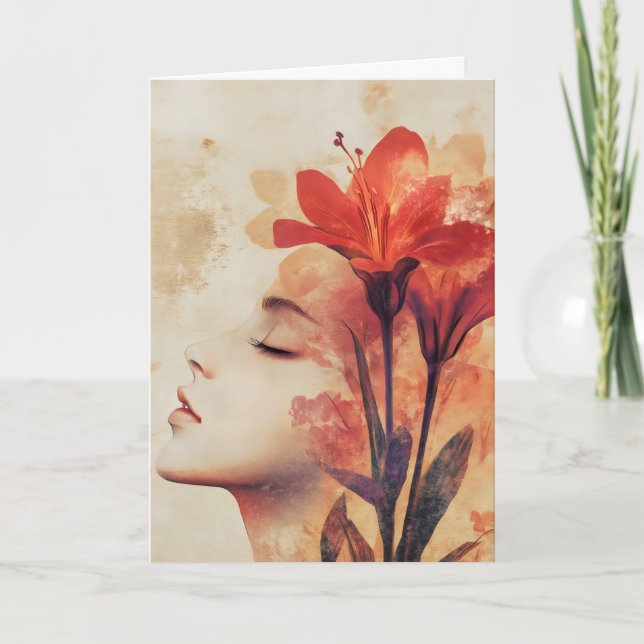 Cartes Pour Fêtes Annuelles Femme Face Fleurs Rouges (Devant)