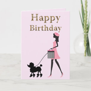 Cartes Pour Fêtes Annuelles Femme marchant avec un caniche noir Joyeux anniver