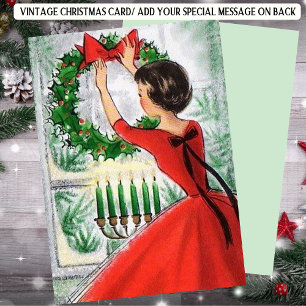 Cartes Pour Fêtes Annuelles Femme Rétro en Couronne de Noël Rouge