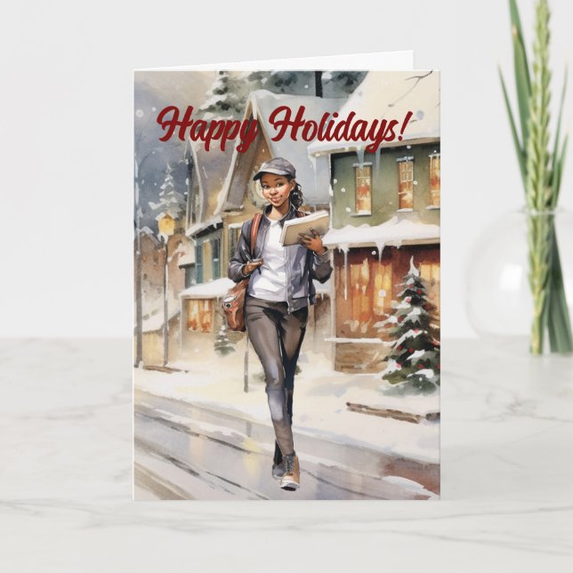 Cartes Pour Fêtes Annuelles Femme Transporteur de courrier Village de Noël (Devant)