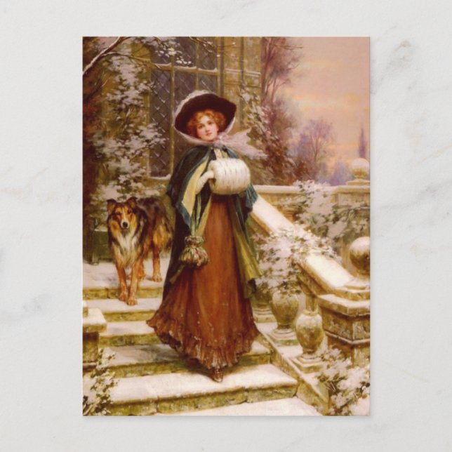 Cartes Pour Fêtes Annuelles Femme victorienne avec Collie Chien Noël (Devant)